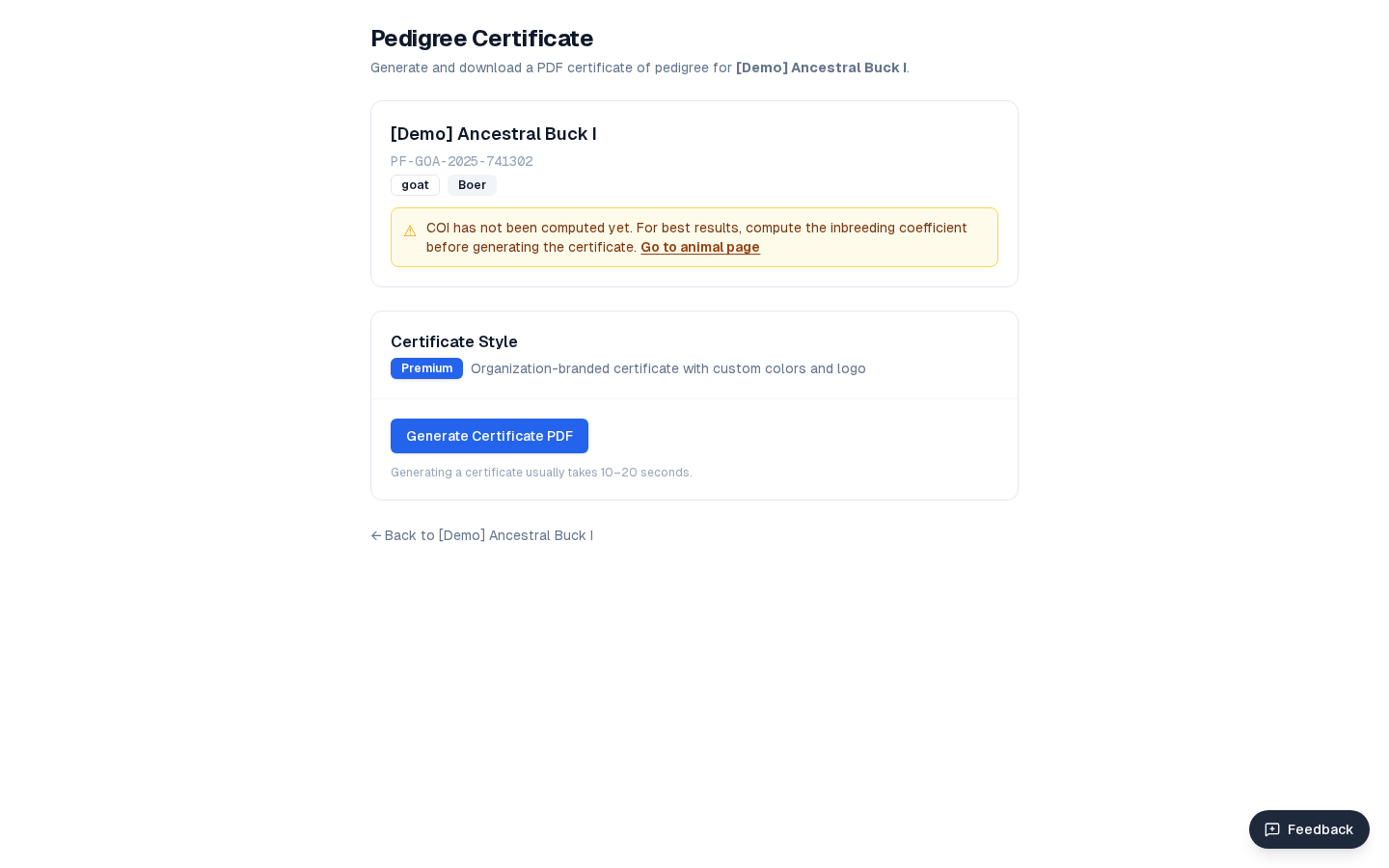 Screenshot of Pedigree certificates
